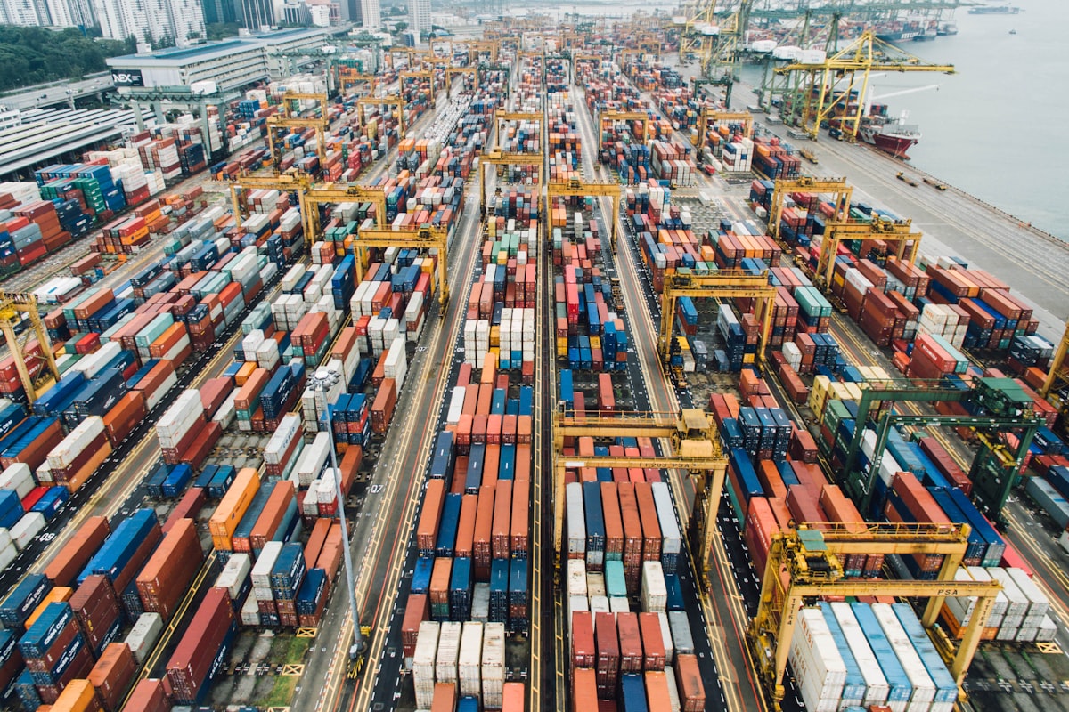 Aerial view of a shipping container port